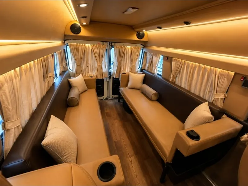 Sofa lounge mode with privacy curtains and LED lighting